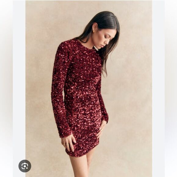 Sezane Dresses & Skirts - NEW Sezane Hildana Sequin Long Sleeve Mini Dress Bordeaux Burgundy Size 2